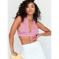 Women 39;s Pink Plaid Halterneck Crop Cami Top Girly Sexy Hollow And Leisurely Summer Outdoor 2021