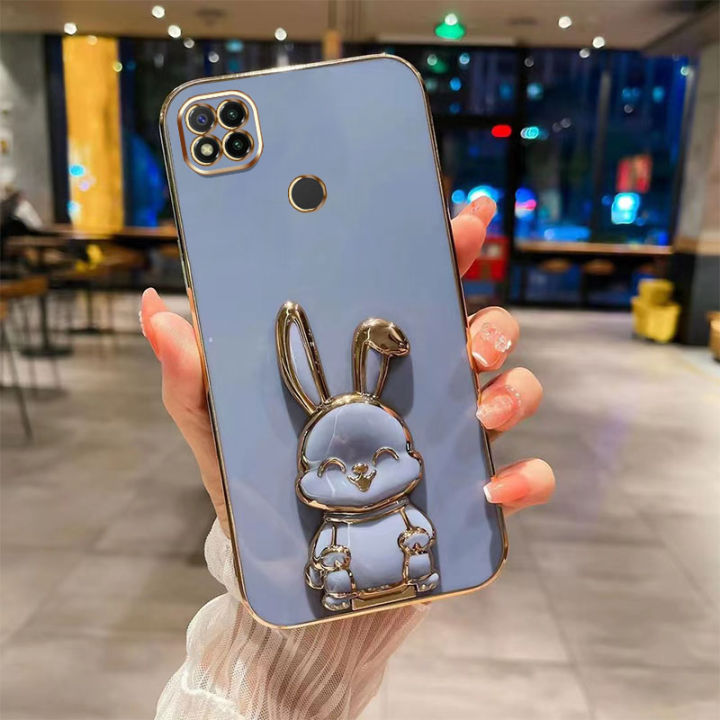 ybdเคสโทรศัพท์หม่สไตล์เข้ากันได้กับ-xiaomi-redmi-9c-10a-9a-8a-redmi-8-9-10-เคสการ์ตูนน่ารัก3dยิ้มกระต่ายชุบขาตั้งพับได้ปกอ่อน