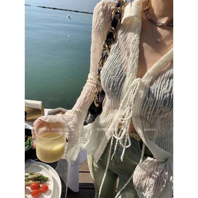 ‘；’ MEXZT Y2K Lace Thin Shirt Women  Sunscreen See Through Slim Blouses Vintage Skinny Casual Crop Tops Sun Protection Cardigan