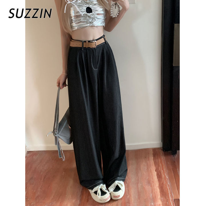 suzzin-สีทึบหลวมแบบเรียบง่ายและมีกางเกงลำลองประดับผ้าม่านแบบบางสำหรับผู้หญิง