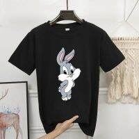 Soft Premium Summer Print Cartoon Rabbit Cute T Shirt Women O-Neck Easter Day Gift White Black Kawaii Tees Lady Oversize T-Shirt