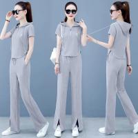 【DT】hot！ Womens Fashion Sweat Suits 2022 New Hooded Short Sleeve Top Split Pants 2 Piece Set Tracksuit