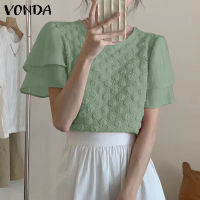 MASHYCHIC VONDA เสื้อผู้หญิงอารมณ์แขนย่นทึบสไตล์ผู้หญิงเสื้อทอเสื้อยืดคอกลม (ดอกไม้เกาหลี)