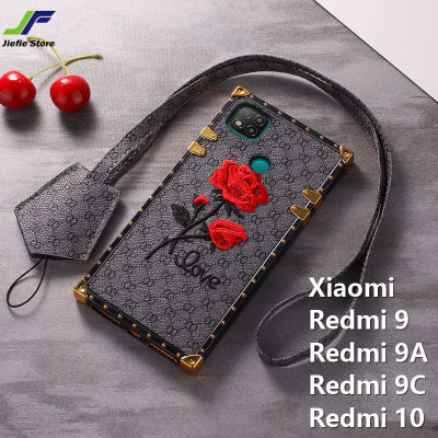 JieFie เคสลายดอกไม้ดอกกุหลาบสำหรับ Xiaomi Redmi 9C / Redmi 9A / Redmi 10 / Redmi 10C / Redmi 10A เคสโทรศัพท์หนังทรงสี่เหลี่ยมหรูหราพร้อมสายคล้อง