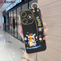 Jizetin สำหรับเทคโนสปาร์ค10 10C ประกายพร้อมสายรัดข้อมือเคสขอบสี่เหลี่ยมนิ่มลายการ์ตูนน่ารักปิกาจูชุบเคสโทรศัพท์หรูหราชุบเคสโทรศัพท์นิ่ม