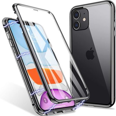 「Enjoy electronic」 Metal Magnetic Adsorption Flip Case For iPhone 14 13 12 11 Pro XS MAX XR 8 7 Plus Transparent Double Sided Glass Magnet Case
