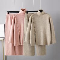 【DT】hot！ C Womens Design Neck Color Split Knitted Sweater Ladies Wide Leg Pants Piece Set