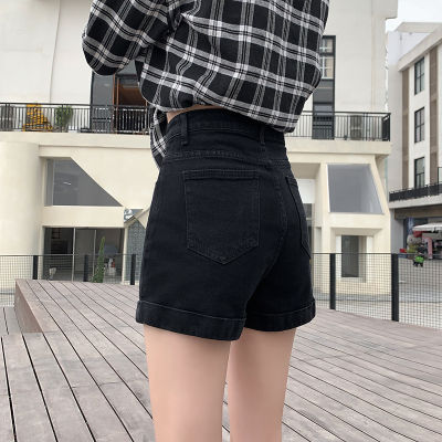 กางเกงขาสั้นผ้ายีนส์หญิงฤดูร้อนเอวสูงหลวมจีบนักเรียนเกาหลีผอมกางเกงขากว้างสีดำที่เรียบง่าย MTM580