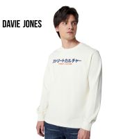 DAVIE JONES เสื้อยืดแขนยาว พิมพ์ลาย ทรง Regular Fit สีครีม Long Sleeve Graphic print T-shirt in cream WA0091CR