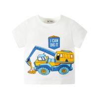 ? 2023 high quality new style? Boys short-sleeved t-shirt childrens summer clothes summer tops cartoon print excavator excavator white cotton type a