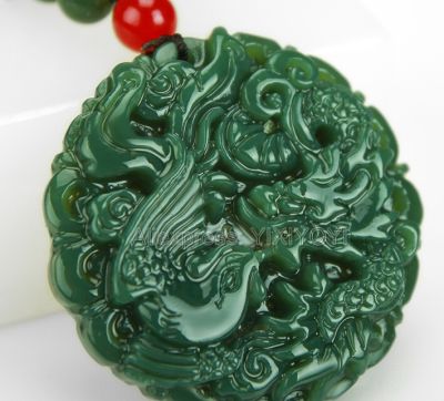 Beautiful Natural Green HeTian Jade Carved Chinese Dragon Phoenix Amulet Lucky Pendant + Free Necklace Certificate Fine Jewelry