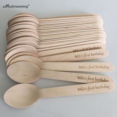 【hot】۩◊  x50 Wood Engraved Spoons Biodegradable Disposable Dessert Birthday Dinner Eco-friendly