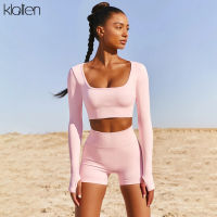 KLALIEN Women Sexy High Street Top and Shorts Two Piece Set Casual Solid Soft Cotton Stretch Fitness Running Tracksuit Autumn