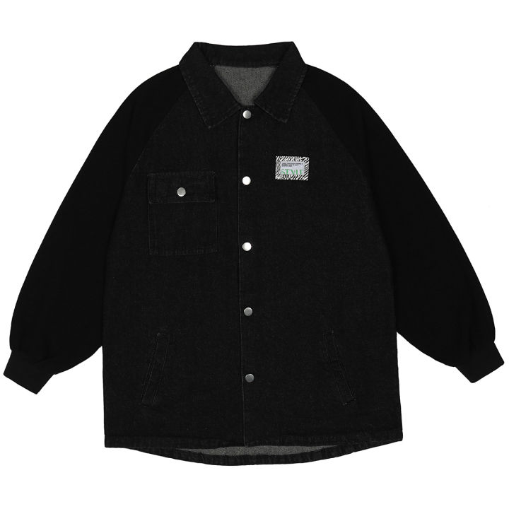 เสื้อโค้ทแจ็กเก็ตฮาราจูกุแจ็คเก็ตผ้าเดนิมวินเทจผ้าปะติด-lelaki-ฮิปฮอปฤดูใบไม้ร่วง