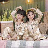 Champagne Gold Satin Silk Pajamas Set For Kids Boys Pyjamas Baby Girl Sleepweear Spring Autumn Long/Short Sleeve Nightwear 3-14Y