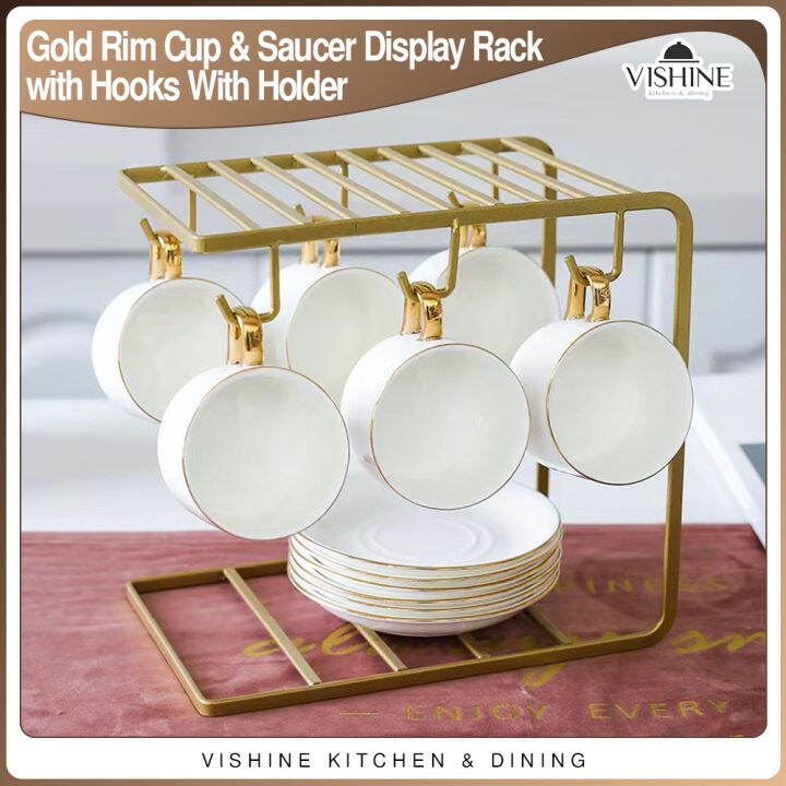 Light Luxury Gold Rim Cup And Saucer Display Rack With Hooks With