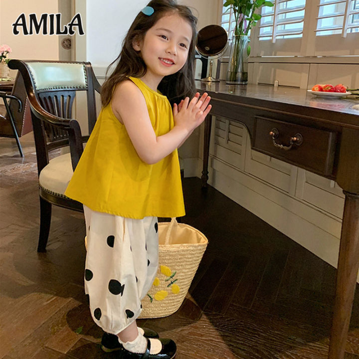 amila-ชุดสูทเด็กผู้หญิง-เสื้อกั๊ก-a-line-tencel-เทียมพร้อมคร็อปแพนท์ลายจุดเสื้อผ้าเด็กขายต่างประเทศใหม่