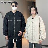 MAYCHEER   แจ็กเก็ตคู่รักชายหญิงเสื้อสีทึบปกลำลองแบบเรียบง่ายมีสไตล์แขนยาว