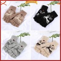 PEANSEA Fashion Deer Winter Autumn Knitted Gloves Flip Mitten Exposed Finger Hemp Flowers