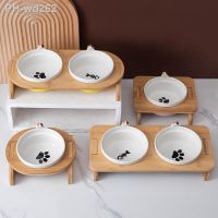 Cat Double Bowls Ceramic Pet Food Water Feeders with Wooden Stand Cats Puppy Drinking Eating Supplies Cat Feeding Basin