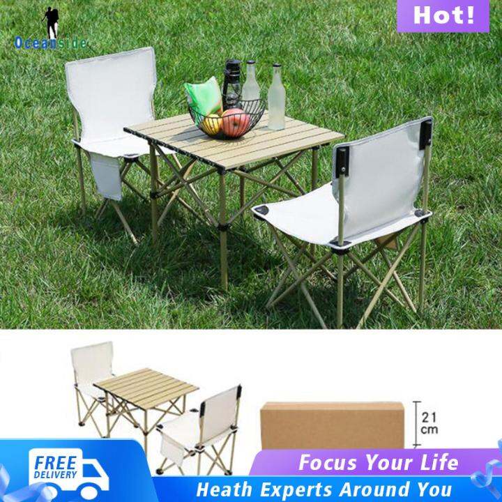 Oceanside Camping Folding Table Chairs Set, Steel Table Oxford Mat