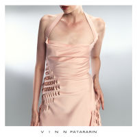 Vinn Patararin - Mini dress in pink ชุดเดรส คล้องคอ ฉลุลาย