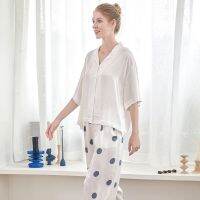 2023High quality new style thin cotton silk pajamas set womens spring and autumn style white rayon satin pajama pants cropped pants high-end home clothes women