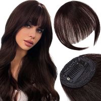 Clip in Bangs 100% Human Synthetic Hair Extensions Medium Brown Bangs Hair Clip Wispy Bangs Hair Clip Natural Hair Air Bangs Clip on Human Hair Curved Bangs for Daily Wear