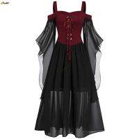 Halloween Witch Cosplay Costumes Gothic Off Shoulder Lace-Up Vestidos Bandage Mesh Sheer A-Line Long Party Xmas Dress For Women