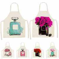 Flower Perfume Bottles Print Kitchen Apron Cotton Linen Dinner Cooking Aprons for Women Funny Pinafore Baking Accessories Aprons