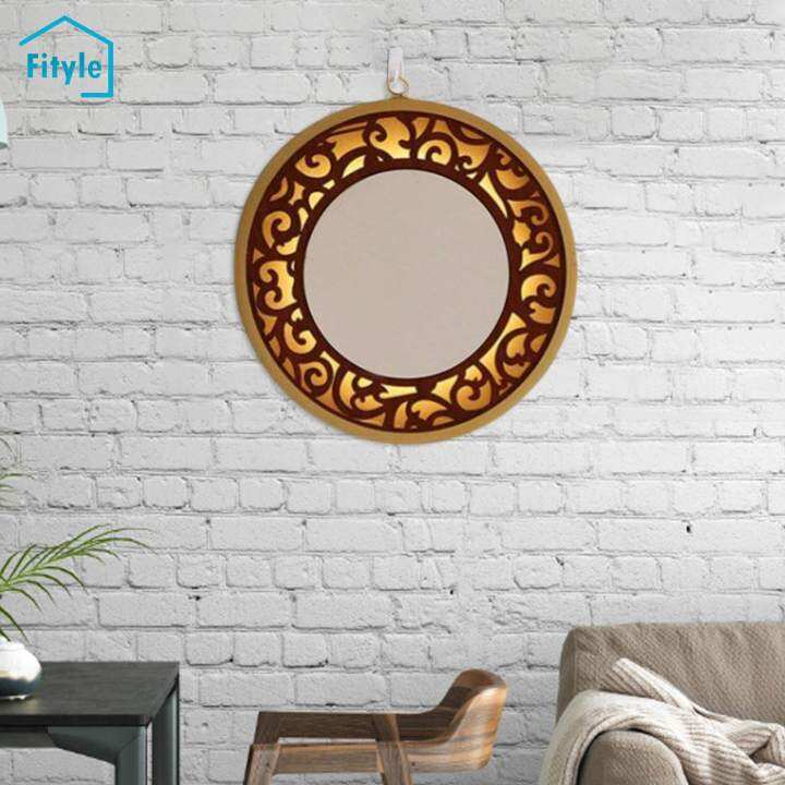 Fityle Rustic Lighted Wall Hanging Mirror Decorative with Light Wood