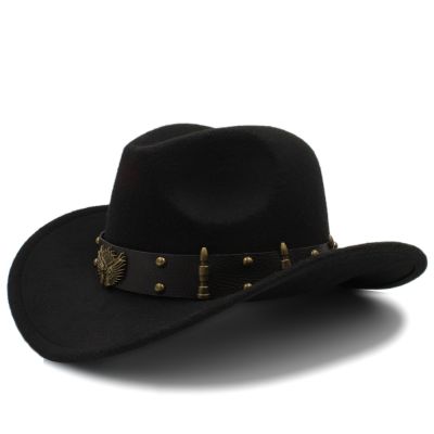 Wome Men Black Wool Chapeu Western Cowboy Hat Gentleman Jazz Sombrero Hombre Cap หมวก Dad Cowgirl ขนาด 56-58 ซม
