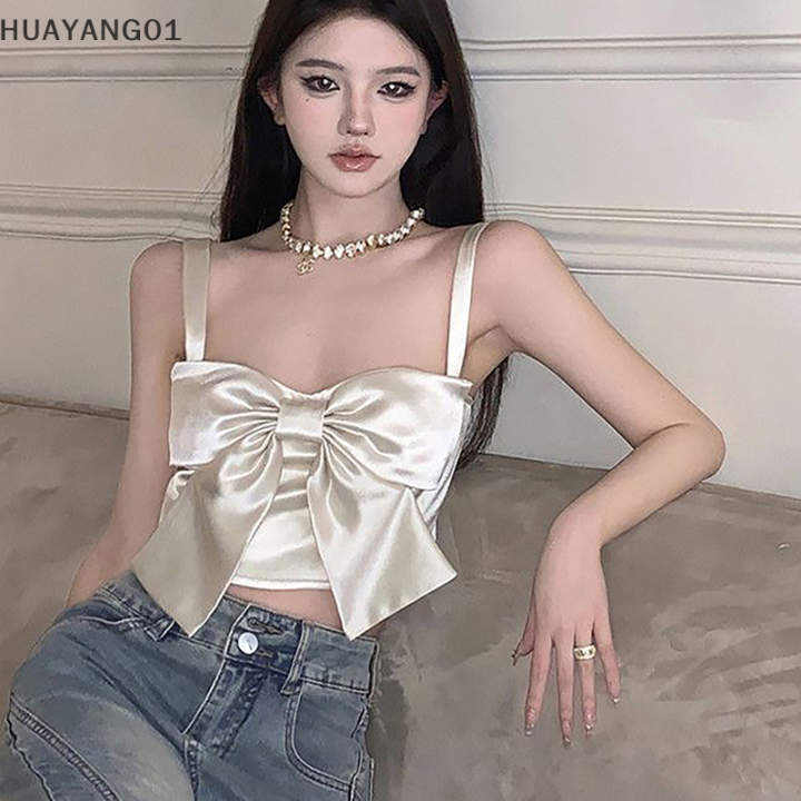 huayang01สีทึบสายเดี่ยวเกาะอกติดโบว์สำหรับผู้หญิง-เสื้อกล้ามเข้ารูปเซ็กซี่ไม่มีแขนเปิดหลังสายเดี่ยวผูกโบว์ฤดูร้อน2023