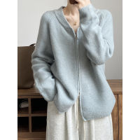 Spot parcel post Yan Shuang Solid Color round Neck Zipper Knitted Cardigan for Women 2023 Autumn New Korean Style Loose Sweater Coat P943