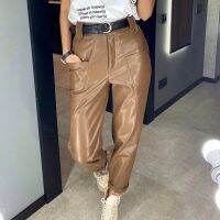 HOT★Women Leather Trousers Faux PU High Waist Brown Female Harem Pants Big Pockets Design Casual Simple Autumn Ladies Bottom Trendy