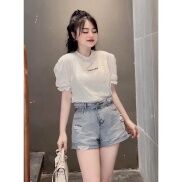 QNU198 - QUẦN SOOC JEANS NỮ XANH BẠC RÁCH CHUN SAU
