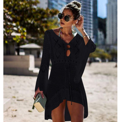New Knitted Beach Cover Up Women Bikini Swimsuit Cover Up Hollow Out Beach Dress Tassel Tunics Bathing Suits Cover-Ups Beachwear