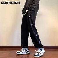 EERSHENSHI กางเกงขายาวลำลองจดหมายที่พิมพ์หลวมหัวใจแบบผูกเชือกสไตล์เพรพพี้ของผู้ชายกางเกงแทร็คลำลอง