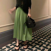 Summer Long Midi Skirts 2022 Casual Green High Elastic Waist Pleated Soild A line Long Skirts Female (S0421