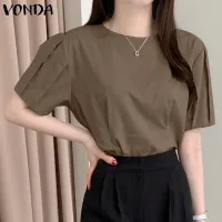 VONDA Women Fashion O Neck Puff Sleeve Casual Tops Pleated Solid Color Short Sleeve Blouse (Korean Causal)