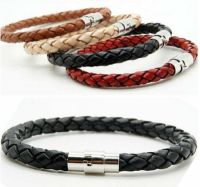 COD SDGREYRTYT Punk Women Braided Leather Steel Magnetic Clasp Bracelet Bangle Handmade Jewelry Unisex