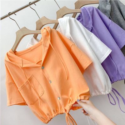 [COD] new hooded womens T-shirt all-match 2022 summer ins tide thin section fashion loose drawstring short sleeves