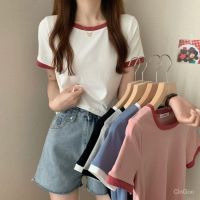 ┋✥❃ ?พร้อมส่ง?2023 ฤดูร้อนใหม่ชนสีคอกลมแขนสั้นเสื้อยืดผู้หญิงเสื้อ Y2K เกาหลีรุ่นบางพอดีนักเรียนเทรนด์ด้านบน SB8024