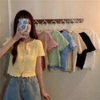 COD DSFERTRETRE Thread lace Womens Tops Short Sleeve Knitted Crop Tops Casual Work Button Down tshirt women