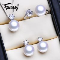 【lz】☊  Fenasy conjunto de joias de prata esterlina 925 colares com pérolas naturais para mulheres brincos de pino coroa clássica pingente anel 8-9mm