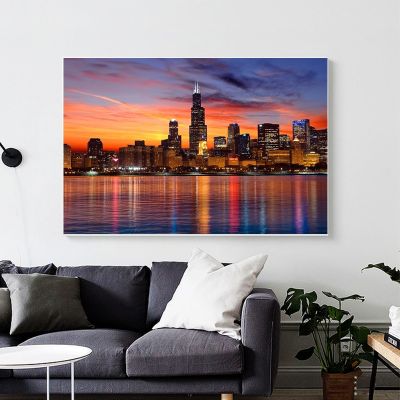 Skyline Of Chicago Canvas Art Prints - Beautiful Night View City โปสเตอร์และภาพพิมพ์ภาพวาดผ้าใบสำหรับห้องนอนและตกแต่งบ้าน