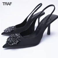 TRAF ผู้หญิงปั๊มสีดำ Rhinestone รองเท้าส้นสูงผู้หญิง2023 Slingback ส้นกริชผู้หญิงแฟชั่นหญิงแต่งงานเจ้าสาวส้นสีเขียว