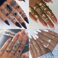 FAMSHIN 9pcs/set Boho Vintage Gold Color Star Moon Wedding Ring Set For Women Crystal Engagement Ring Bohemian Jewelry Gifts