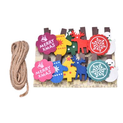 12PC Hemp Rope Christmas Clip Christmas Tree Wood Clips Mini Wooden Clothes Photo Paper Peg Pin Clothespin Craft Clips With Rope