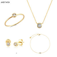 ANDYWEN 925 Sterling Silver Gold One Round Zircon CZ Charm Stud Earring Ring Bracelet Necklace Jewelry Set 2021 Wedding Gift